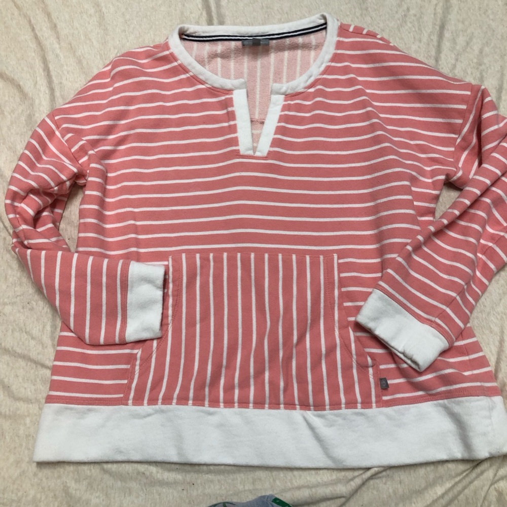 T by Talbots Striped Split Neck Pull Over Sweatshirt 100% Cotton Coastal Grandma